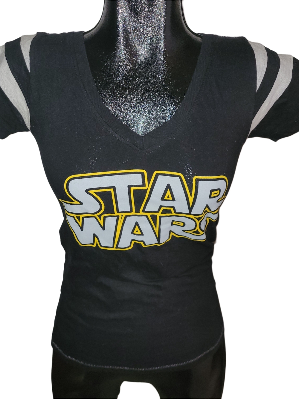 Star Wars Black V-Neck Tee with Gray Striped Short Sleeves Size S